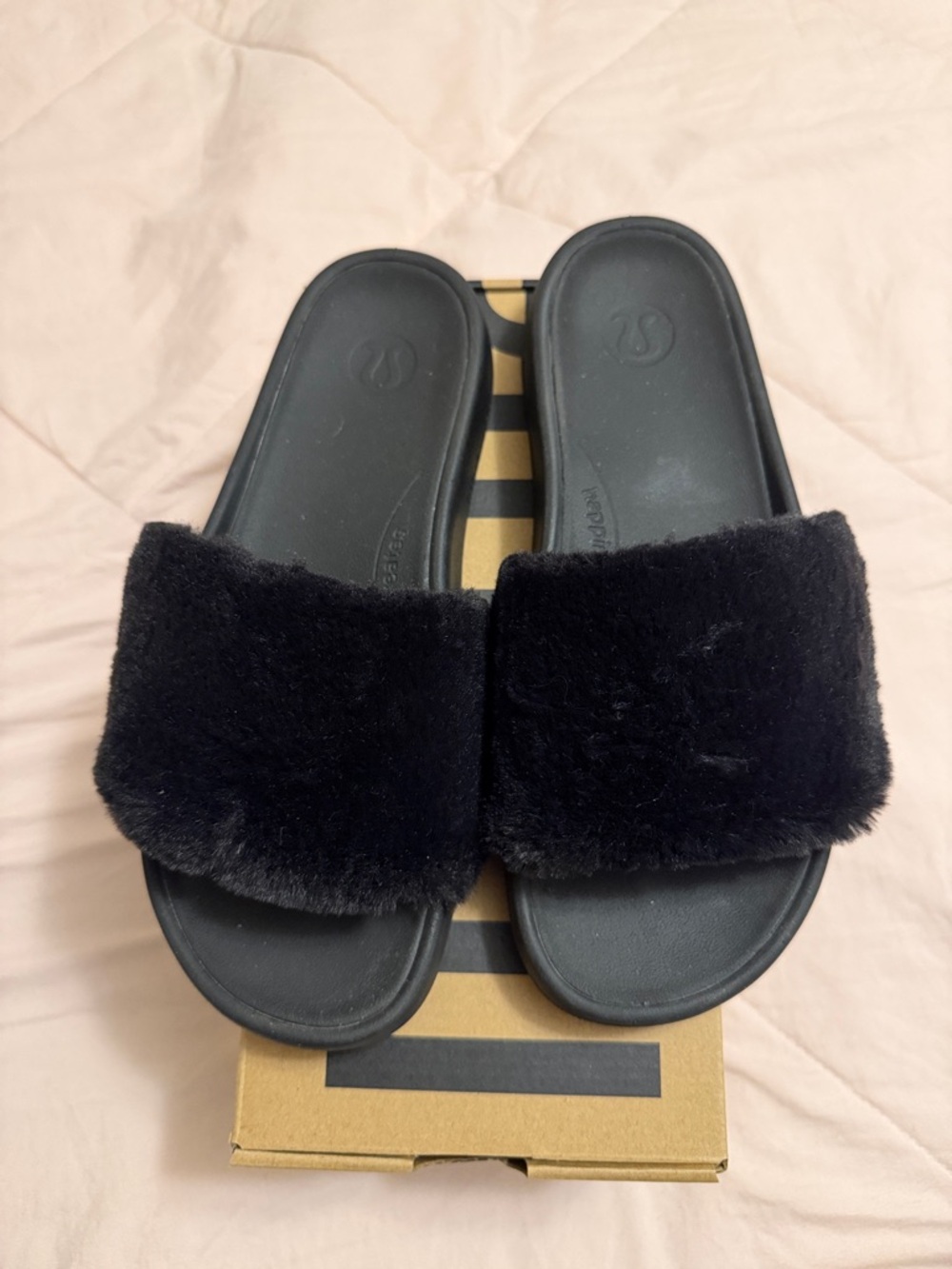 Lululemon Black Faux Fur Slide Sandals